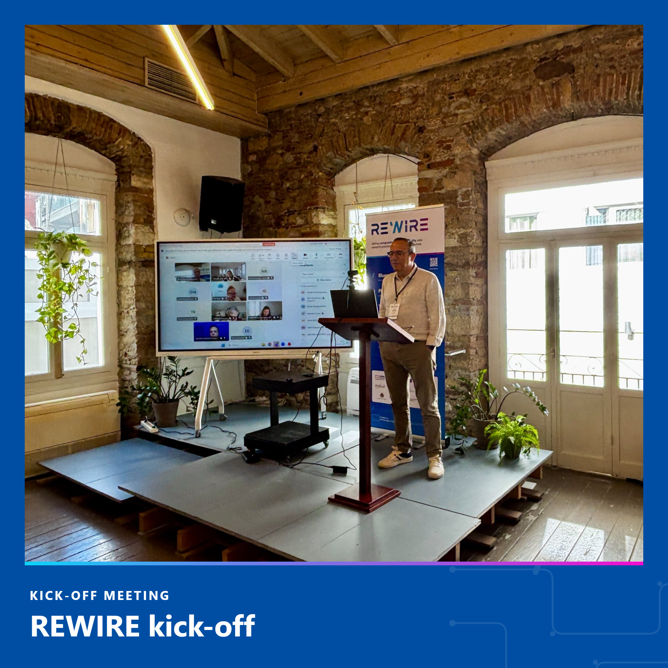 Professor Yannis Ioannidis delivering opening remarks at the REWIRE kick-off meeting in Athens.